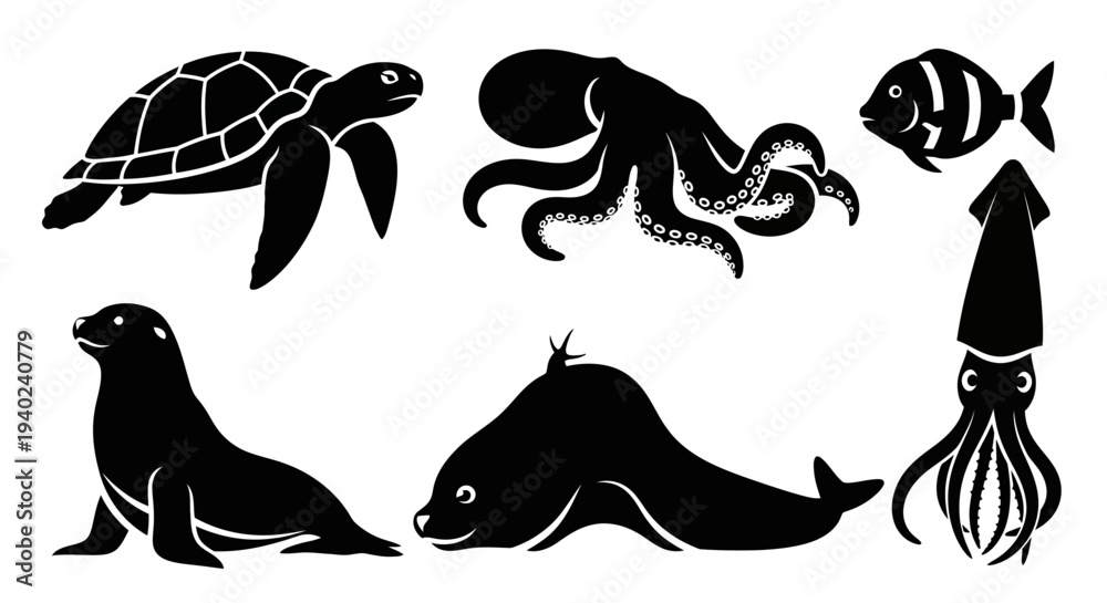 Obraz premium Marine Animals Silhouettes Set: Turtle, Octopus, Fish, Sea Lion, Seal, Squid