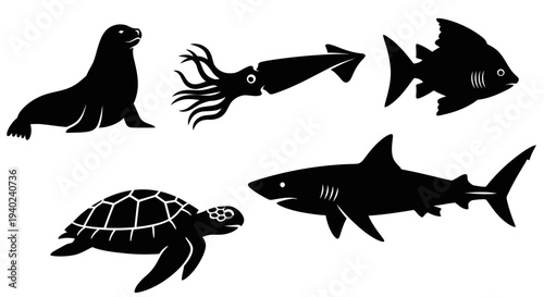 Marine Animals Silhouettes Set: Seal, Squid, Fish, Turtle, Shark Icons