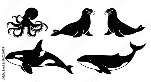 Marine Animals Silhouettes Set: Octopus, Seals, and Whales Vector Icons