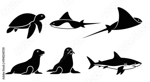 Marine Animals Silhouettes Set: Turtle, Sharks, Ray, and Seals