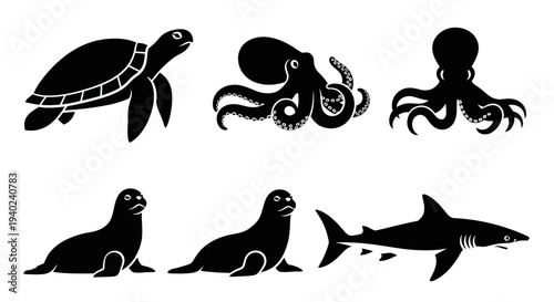 Marine Animals Silhouettes Set: Turtle, Octopus, Sea Lion, and Shark Icons Collection