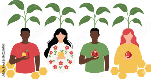 Diverse People Holding Fruits with Green Plants Sprouting from Heads Representing Personal Growth Sustainable Living and Mental Wellbeing Concept.