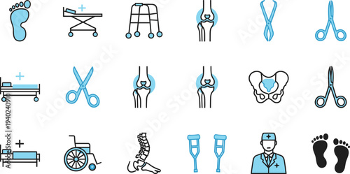 Professional Orthopedic Medical Icon Set Featuring Spine Vertebrae Joint Bone Hip Pelvis and Foot Anatomy for Healthcare and Rehabilitation Graphics.