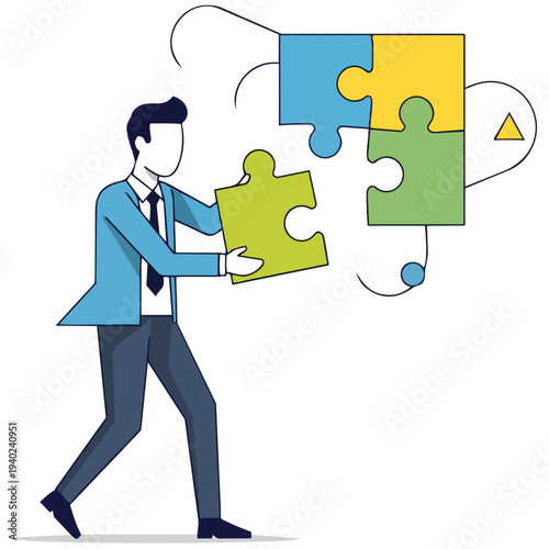 Businessman completing puzzle pieces for innovative solution
