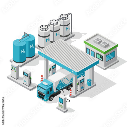Hydrogen Fueling Station with Delivery Truck and Storage Tanks.