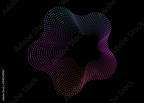 Abstract neon gradient dotted wave shape made of flowing dashed geometric lines on black background, futuristic digital vortex pattern with radial symmetry technology style illustration