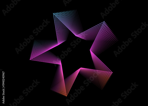 Abstract neon gradient spiral star made of geometric lines on black background, futuristic digital vortex pattern with glowing radial symmetry technology style illustration