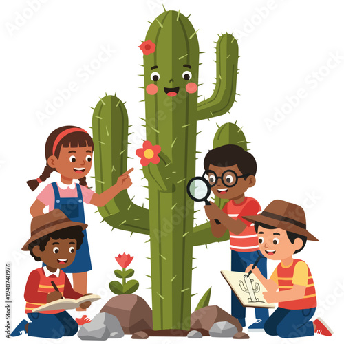 Children exploring desert flora with magnifying glass and notebooks