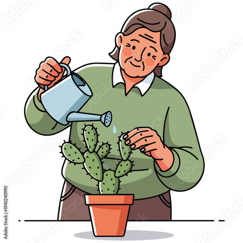Smiling elderly woman tenderly watering a cactus plant