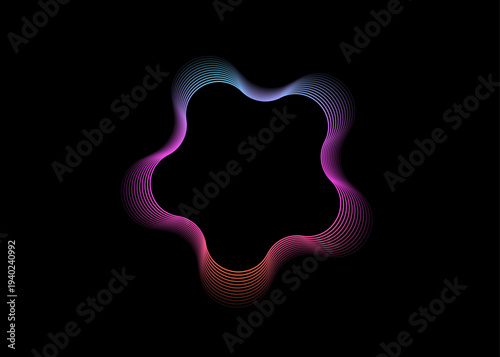 Abstract neon gradient wavy circle made of flowing geometric lines on black background, futuristic glowing wave frame with smooth radial symmetry digital technology style
