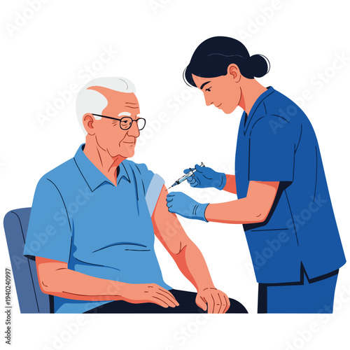 Nurse administering vaccine to senior citizen in medical setting
