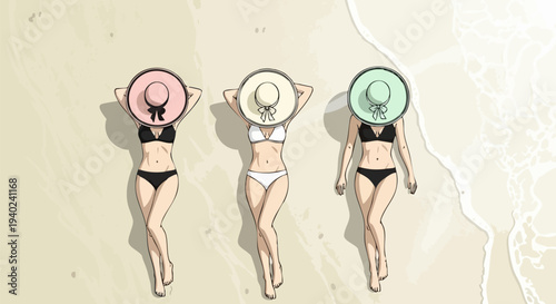 Three women in black and white bikinis with colorful straw hats relaxing on a sandy beach, top-down vector illustration for summer vacation and travel designs