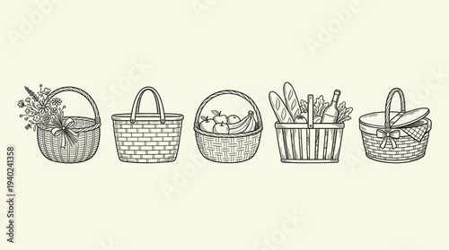 A set of five hand drawn baskets filled with various items including flowers, eggs, vegetables, and kitchen utensils in a simple line art style on a beige background.