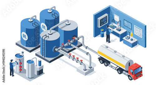 Industrial chemical plant with storage tanks and truck.