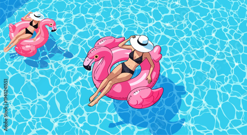 Two women in black bikinis and white hats relaxing on pink flamingo inflatable rings in a sparkling blue swimming pool, enjoying a sunny summer vacation. Vector illustration.
