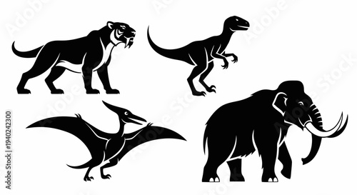 Prehistoric Animal Silhouettes: Mammoth, Saber-Toothed Tiger, Raptor, Pterodactyl Icons