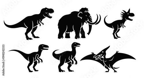 Prehistoric Animal Silhouettes Set - Dinosaurs and Mammoth Vector Icons