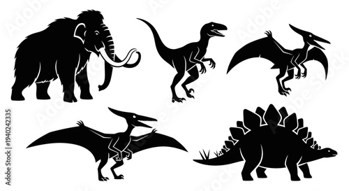 Prehistoric Animal Silhouettes Set: Mammoth, Dinosaurs, and Pterodactyls Vector Collection