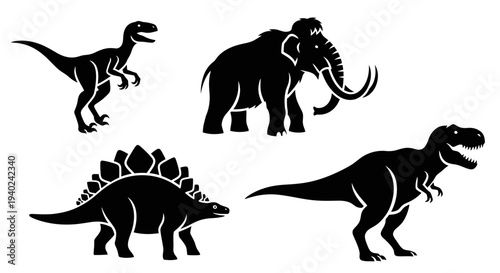 Prehistoric animal silhouettes set: mammoth, T-Rex, velociraptor, stegosaurus
