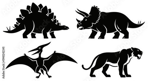 Prehistoric Animal Silhouettes: Stegosaurus, Triceratops, Pterodactyl, and Saber-toothed Tiger Icons