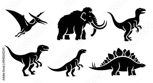 Prehistoric Animal Silhouettes Vector Set Including Dinosaurs, Mammoth, Pterodactyl