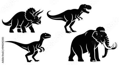 Prehistoric Animals Silhouettes Collection: Dinosaurs and Woolly Mammoth Icons