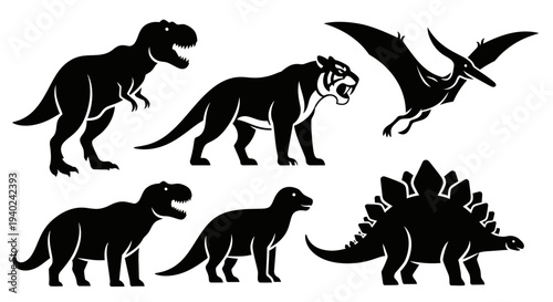 Prehistoric Animals Silhouettes Set: Dinosaur and Ancient Beast Vector Icons