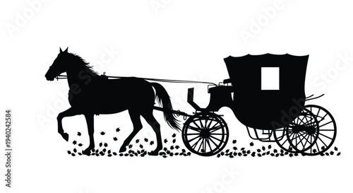 Elegant horse drawn carriage depicted in a striking black silhouette