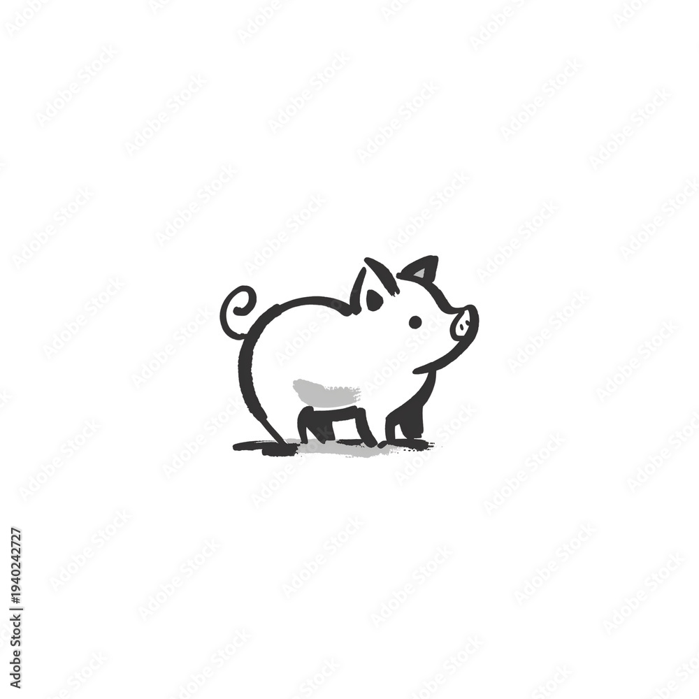 Fototapeta premium 筆で描かれた豚の墨絵イラスト・和風水墨画の動物アート素材