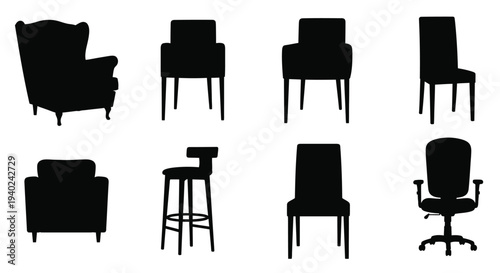 Collection of diverse chair silhouettes against a white background silhouette