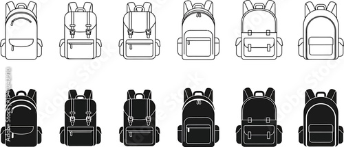 Collection of various backpack icons in outline and solid black silhouette styles.