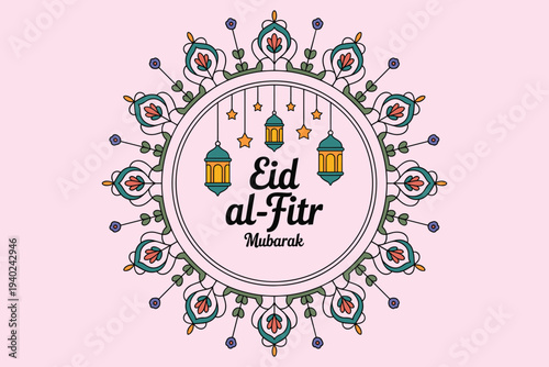 Eid al- Fitr Mubarak greeting with floral mandala on pink background Keywords: eid al-fitr, mubarak, greeting, card, islamic