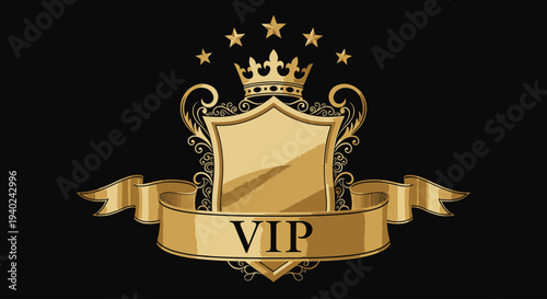 Golden VIP Shield with Crown and Ribbon.