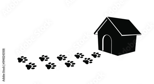 Dog house with paw prints leading away a simple black silhouette