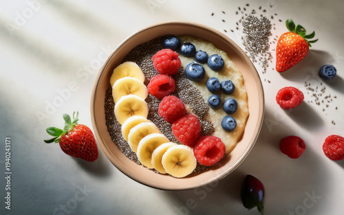 Desayuno con energía para aguantar toda la mañana, con cereales y frutas y proteínas 