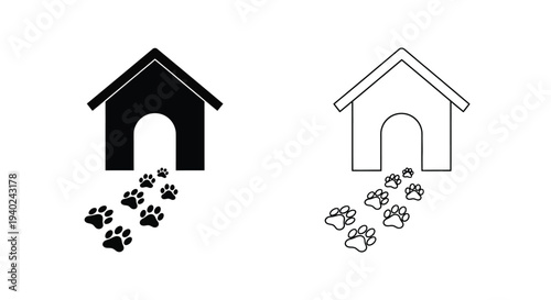 Two dog houses with paw prints one shown as a dark silhouette
