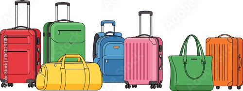 Diverse collection of colorful travel luggage and bags for vacation and journey