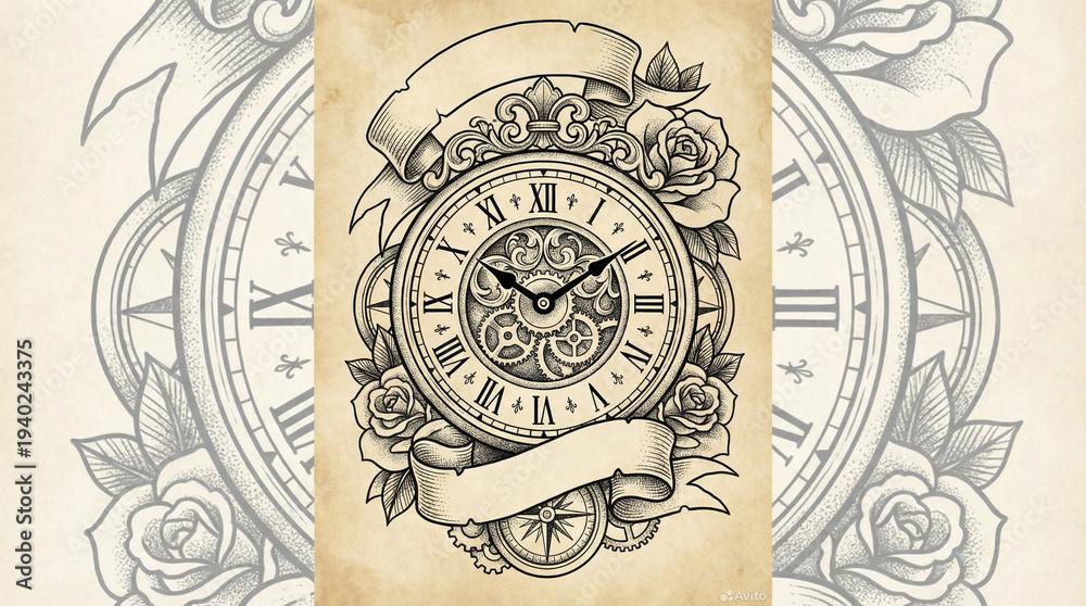 Fototapeta premium Vintage floral clock illustration with roman numerals and roses