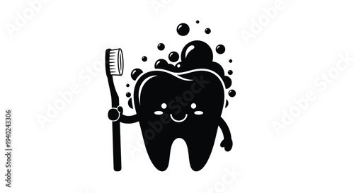 Happy tooth character with toothbrush a charming black silhouette