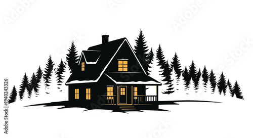 Cozy cabin nestled among pine trees a striking dark silhouette