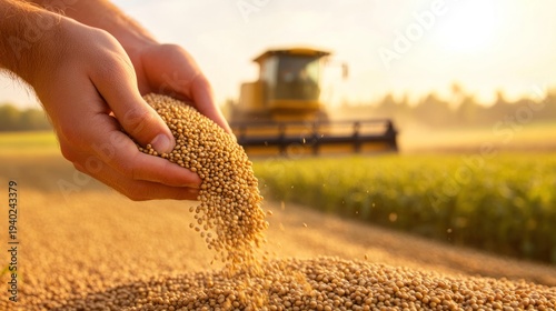 Grain Abundance: Human hand full of harvested grain over fertile field, combine harvester working in background under warm sunlight, evokes the essence of farming