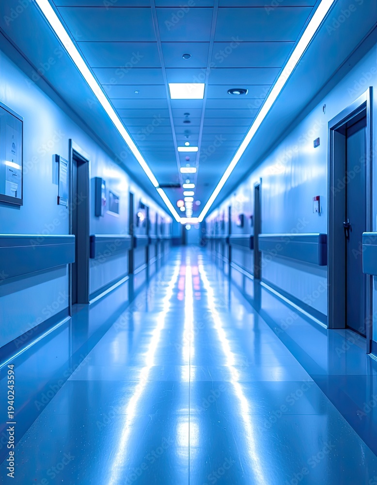 Fototapeta premium Illuminated Modern Hospital Corridor with Blue Tones and Deep Perspective