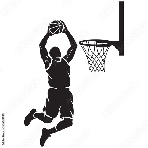 A silhouette of a basketball player performing a slam dunk with a hoop and net in black and white minimalist vector icon