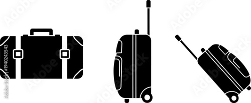 Set of various black luggage and travel bag vector icons on white background