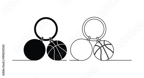 Black and white illustration of basketballs and keychains a silhouette