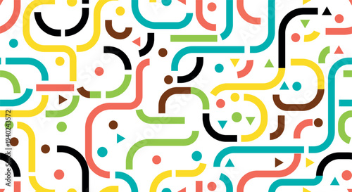 Abstract pattern of colorful curved lines and geometric shapes.