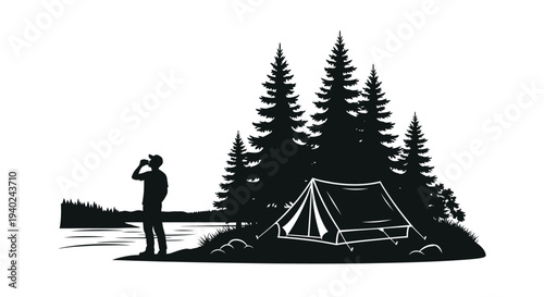 Camping scene with a man using binoculars striking black silhouette