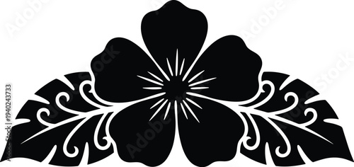 Elegant hibiscus flower silhouette with ornate swirling leaves, symmetrical decorative design, bold artistic tattoo motif, timeless floral graphic illustration