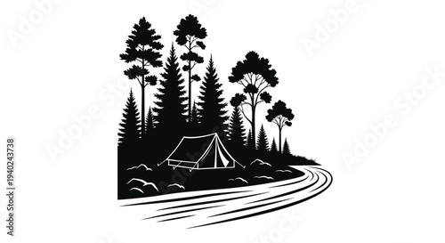 Camping scene with a tent and trees in a dark silhouette