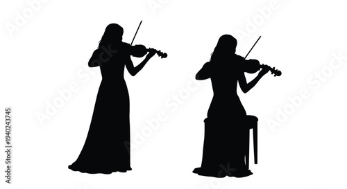 Two violinists playing one seated and one standing a dark silhouette